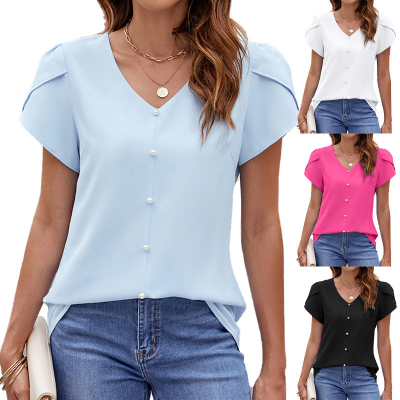 Women's Solid Color And V-neck Short Sleeve Loose Chiffon Shirt