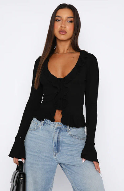 Irregular T-shirt V-neck Ruffled Flared Sleeve Button Short Cardigan Top