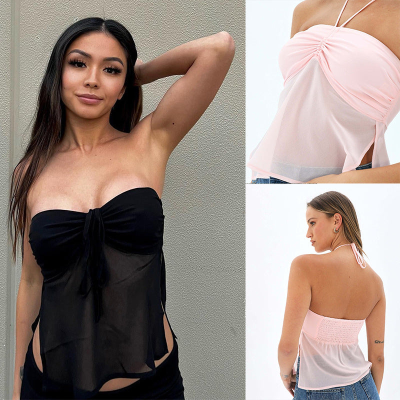 Women's Straps Tulle Halter Pure Color Tube-top Vest