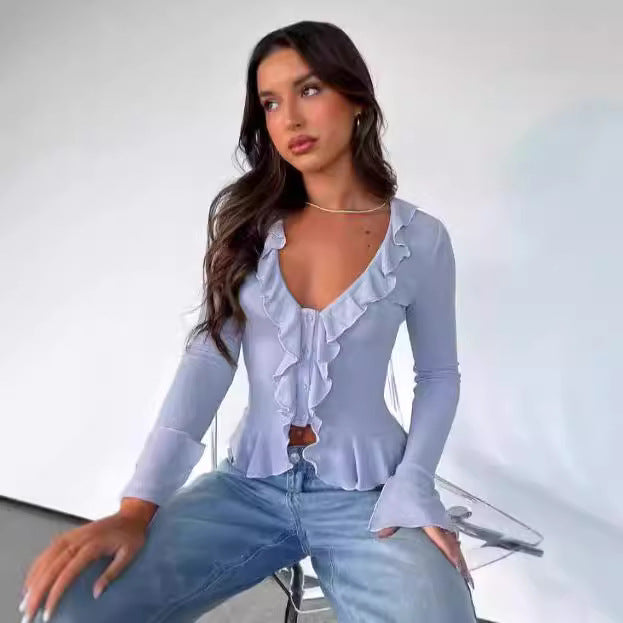 Irregular T-shirt V-neck Ruffled Flared Sleeve Button Short Cardigan Top