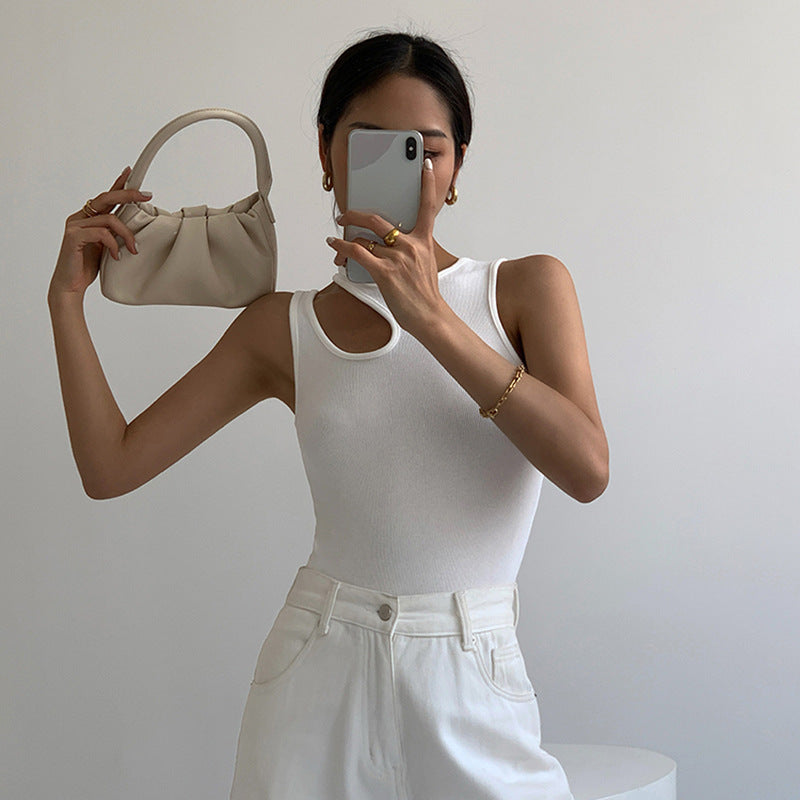 Summer Round Neck Side Irregular Hollow-out Women's Solid Color Top