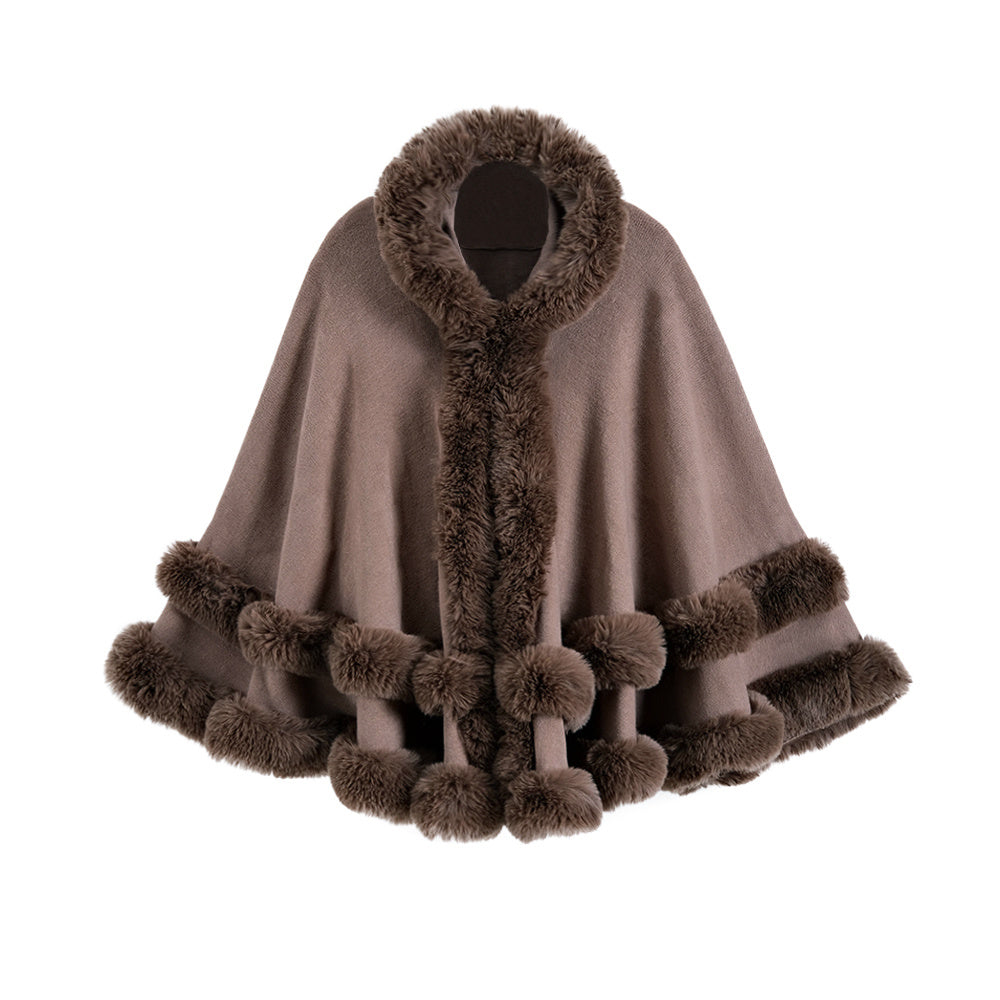 Oversized Knitted Cape Outer Shawl Artificial Fur Collar Hooded Warm Jacket