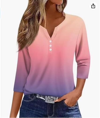 Women's T-shirt V-neck Half-open Tube Three-button Printed 34 Sleeves Top