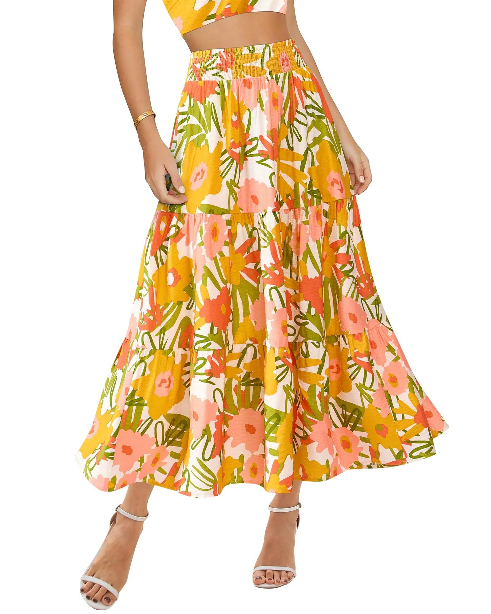 Women's Floral Print Midi Elastic High Waist Crimp Skirt