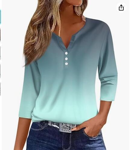 Women's T-shirt V-neck Half-open Tube Three-button Printed 34 Sleeves Top