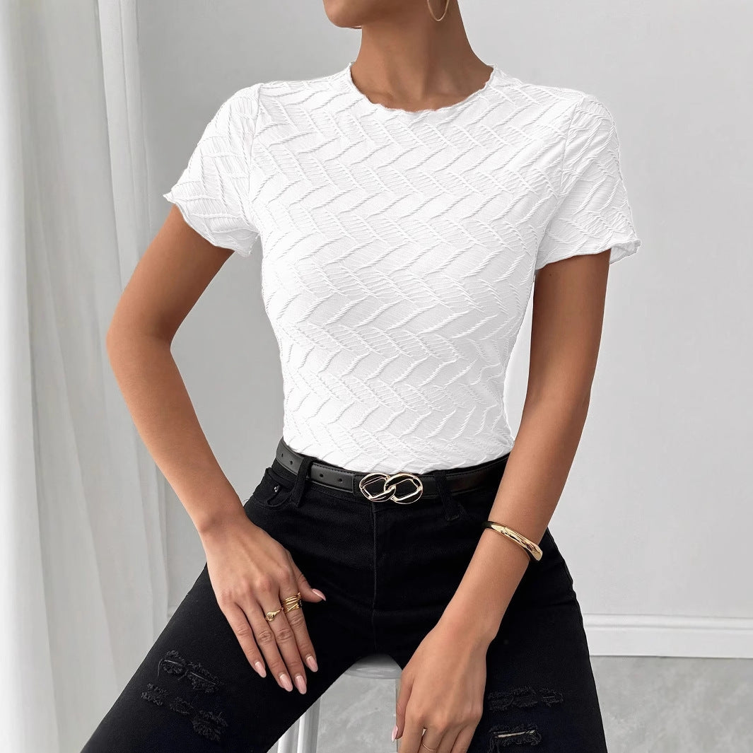Summer New Texture Solid Color Round Neck Short Sleeve Commuter Style Ladies Top