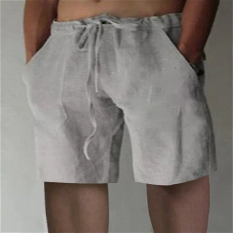 Men's Summer Solid Color Drawstring Cotton Linen Loose Casual Shorts