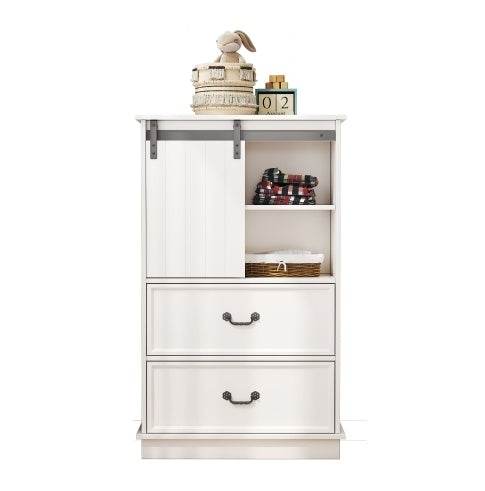 51'' Farmhouse Drawer Chest With Sliding Door, Multi-Storage Drawer Dresser With 5 Drawers And Storage Shelf, Tall Chest Of Drawers With Adjustable Shelves For Bedroom, Living Room - Avalon
