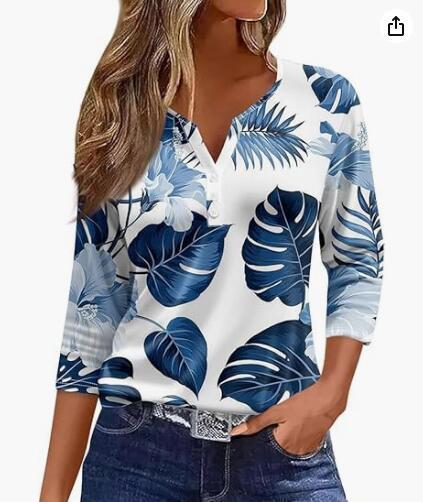 Women's T-shirt V-neck Half-open Tube Three-button Printed 34 Sleeves Top