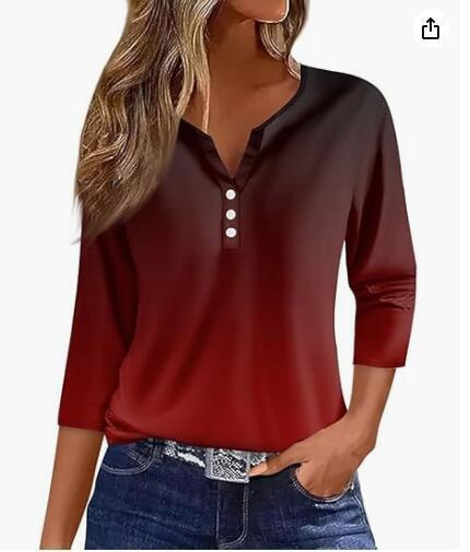Women's T-shirt V-neck Half-open Tube Three-button Printed 34 Sleeves Top