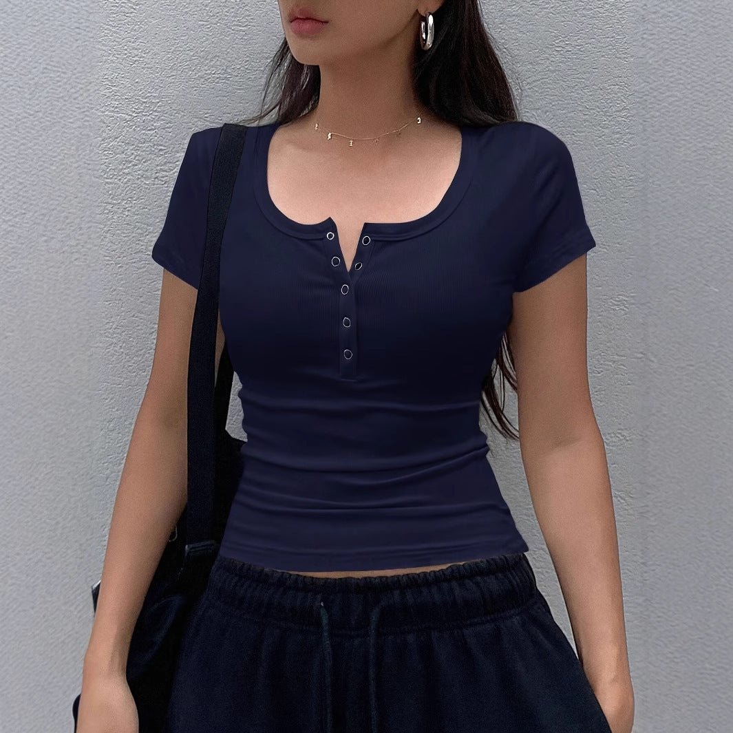 Women's Solid Color Short-sleeved Top Rib Knit Half-cardigan Button T-shirt