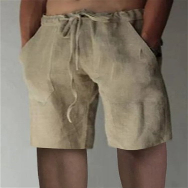Men's Summer Solid Color Drawstring Cotton Linen Loose Casual Shorts