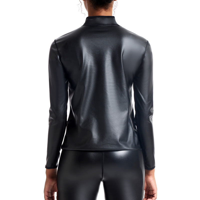Body Shape Bodybuilding Slim Fit Middle-collar Long Sleeve Leather Coat