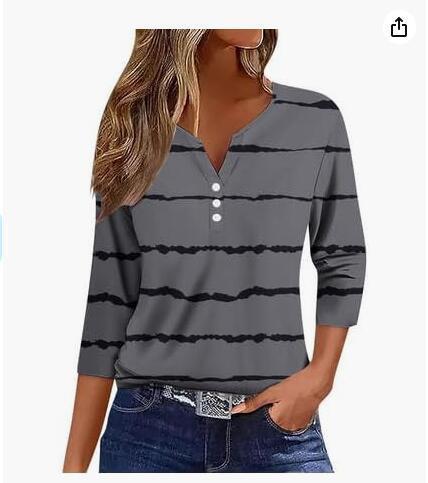 Women's T-shirt V-neck Half-open Tube Three-button Printed 34 Sleeves Top
