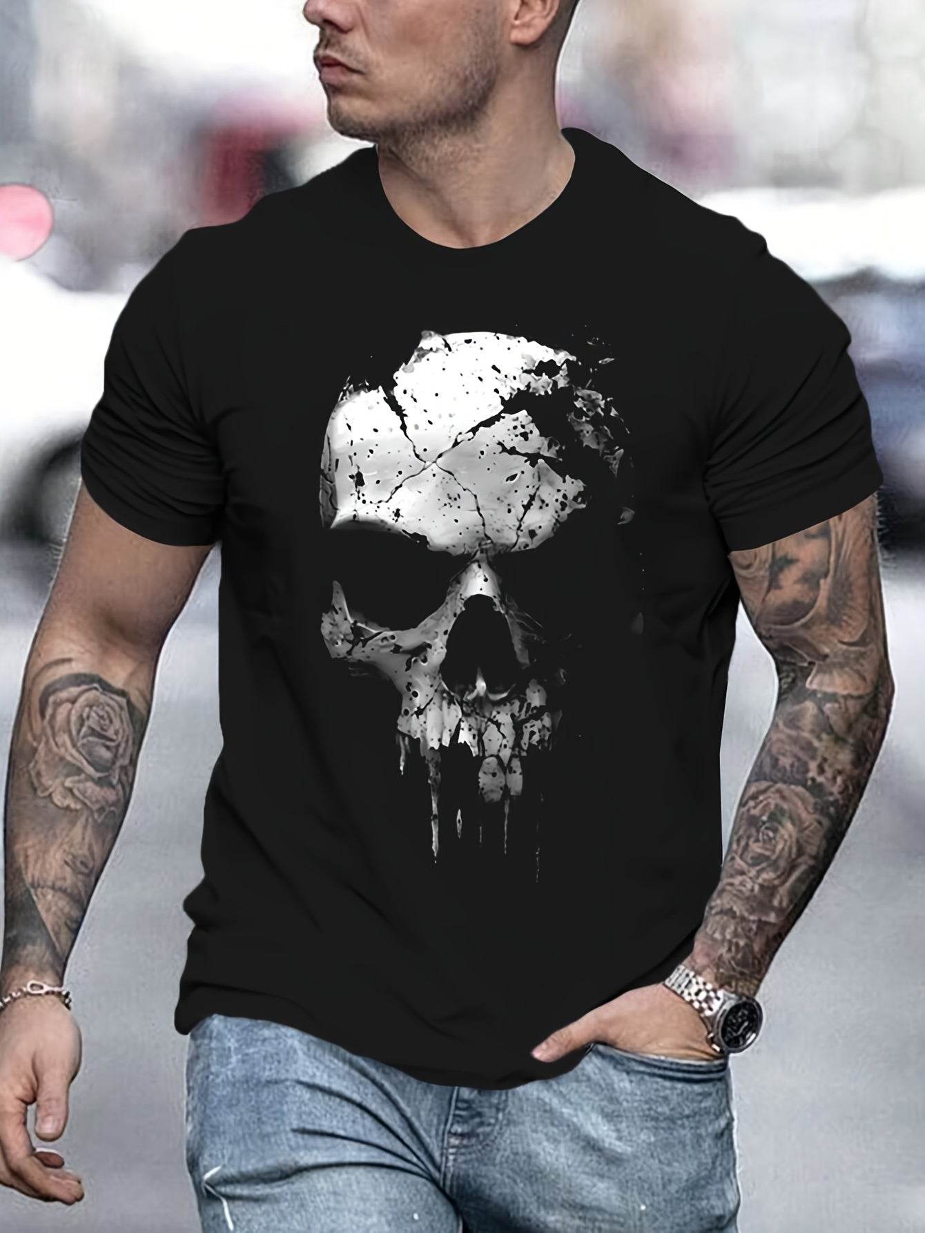 A Novel And Cool Top For Men To Wear Outdoors In Summer, Featuring A 3D Digital Shattered Skull Pattern And A Round Neck Short Sleeved T-shirt - Avalon