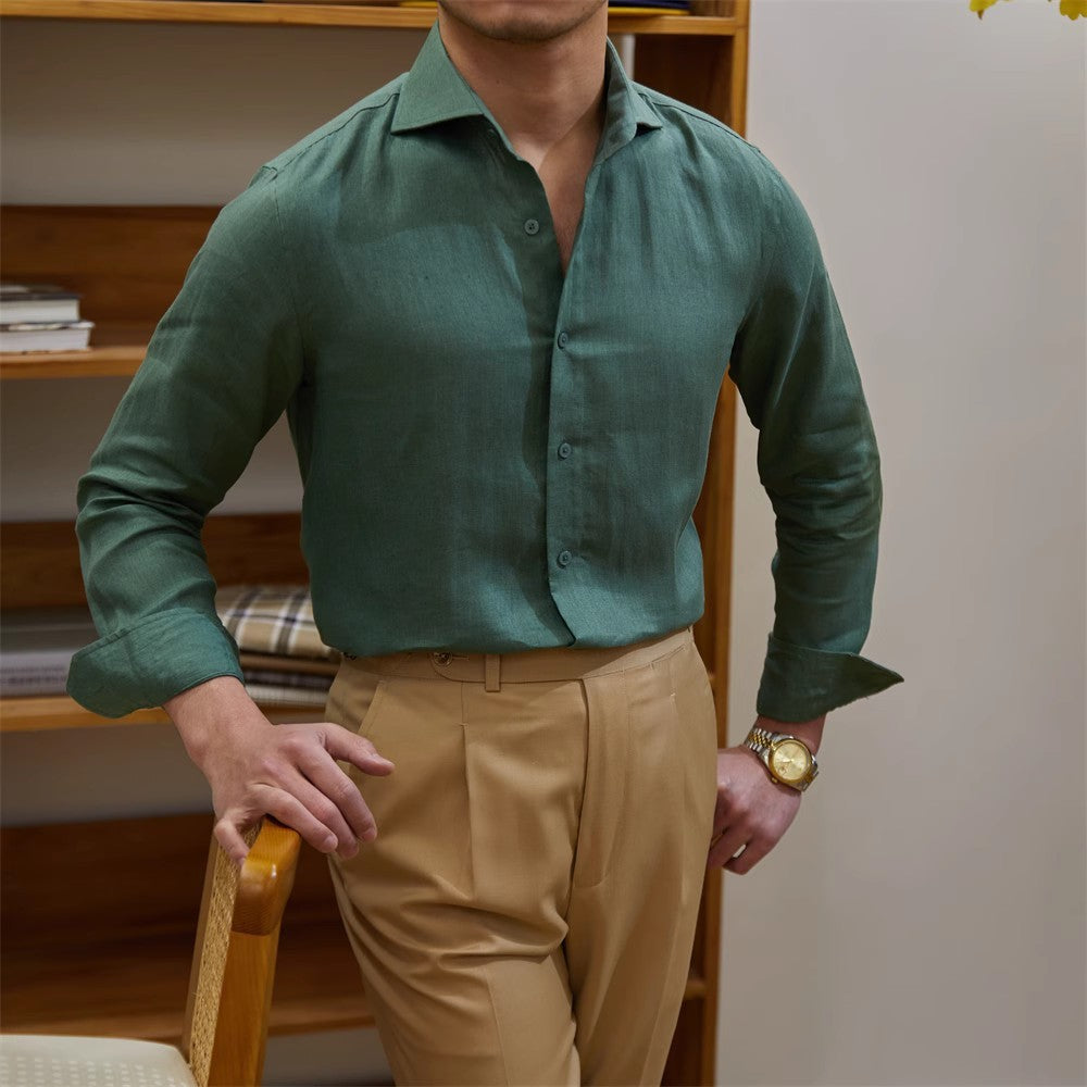 Men's Cotton Linen Casual Solid Color Long Sleeve Shirt