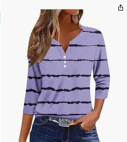 Women's T-shirt V-neck Half-open Tube Three-button Printed 34 Sleeves Top