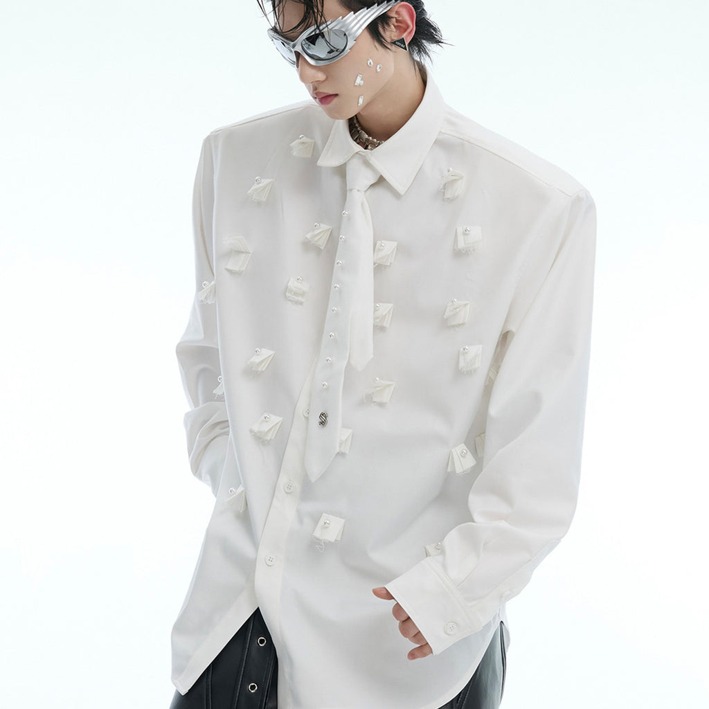 Niche Pearl Embellished Padded Shoulder Shirt Men's Tie Stitching Loose Cardigan
