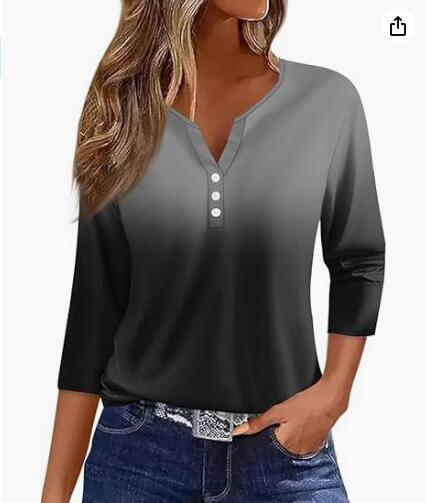 Women's T-shirt V-neck Half-open Tube Three-button Printed 34 Sleeves Top