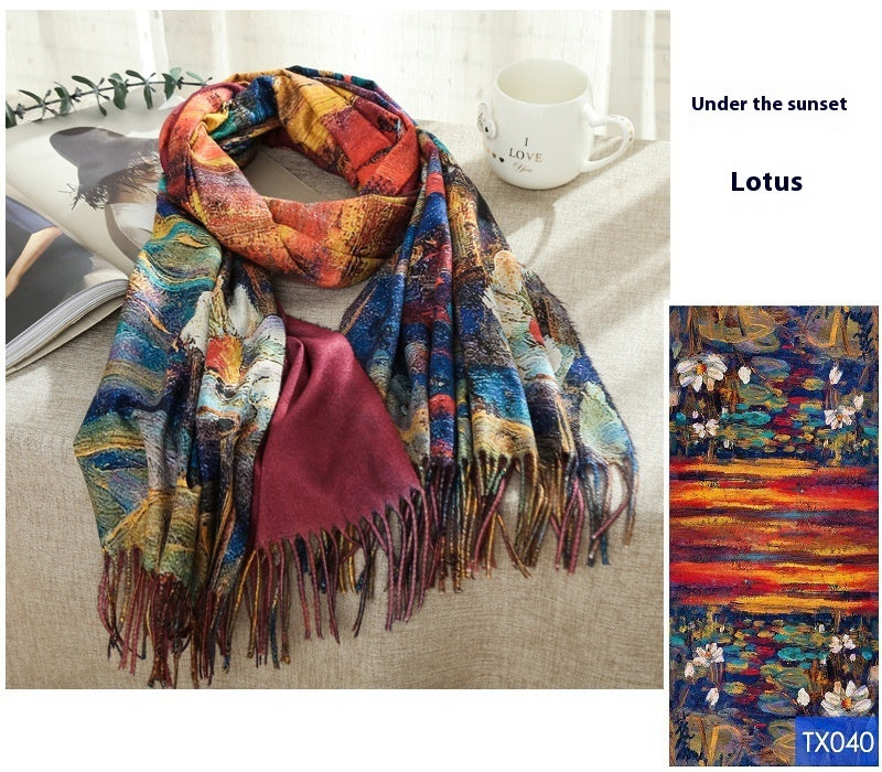 Tassel Digital Printing Scarf Cashmere Oil Painting Shawl