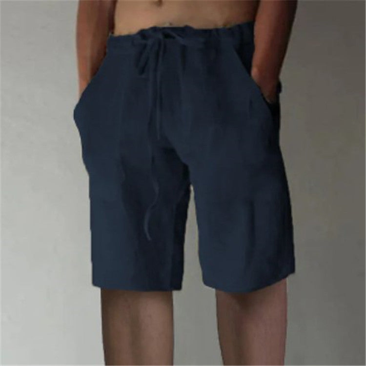 Men's Summer Solid Color Drawstring Cotton Linen Loose Casual Shorts