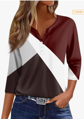 Women's T-shirt V-neck Half-open Tube Three-button Printed 34 Sleeves Top