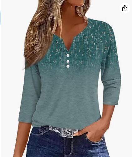 Women's T-shirt V-neck Half-open Tube Three-button Printed 34 Sleeves Top