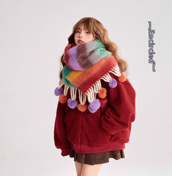 Colorful Striped Wool Ball Warm Scarf