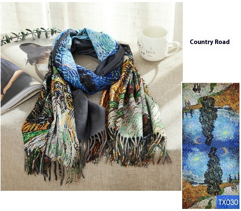Tassel Digital Printing Scarf Cashmere Oil Painting Shawl